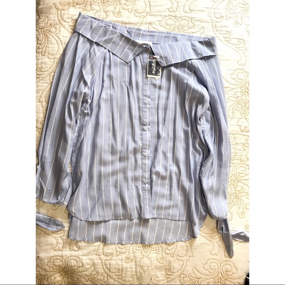 Light blue white striped long off shoulder top - Picture 3 of 5